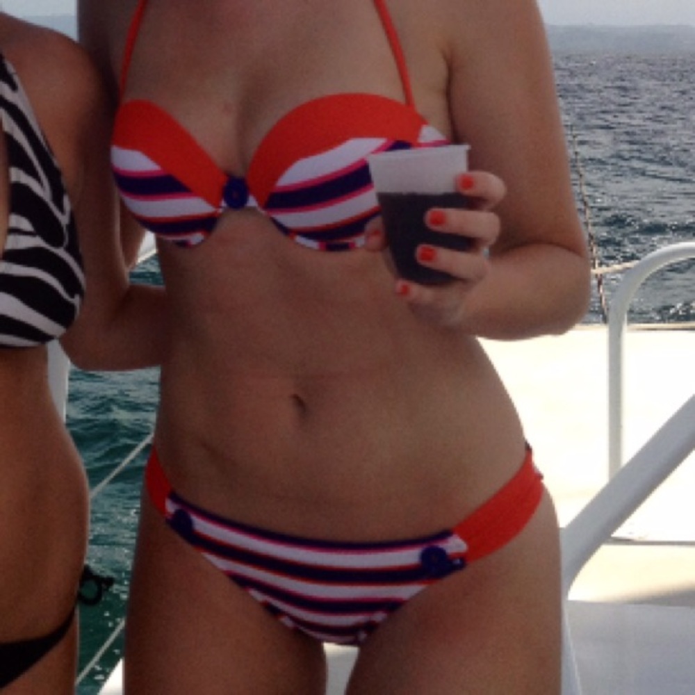 Striped bikini. Blue, white, pink, and orange.